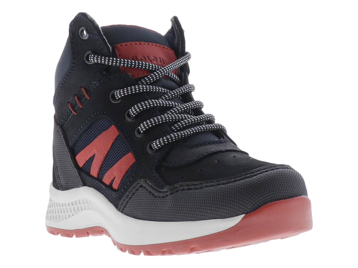 Bota infantil Nevada color azul marino con detalles rojos y suela blanca.