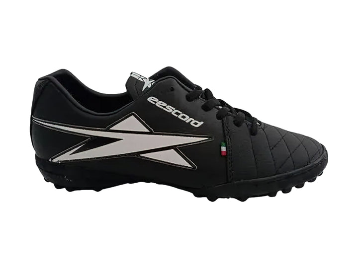 Zapato de fútbol EESCORD color negro con detalles en blanco y suela para turf.