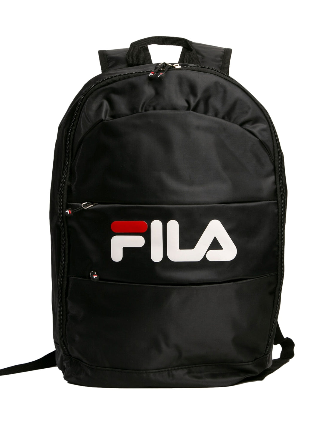 Mochila escolar FILA de color negro con logotipo blanco y rojo en el frente.