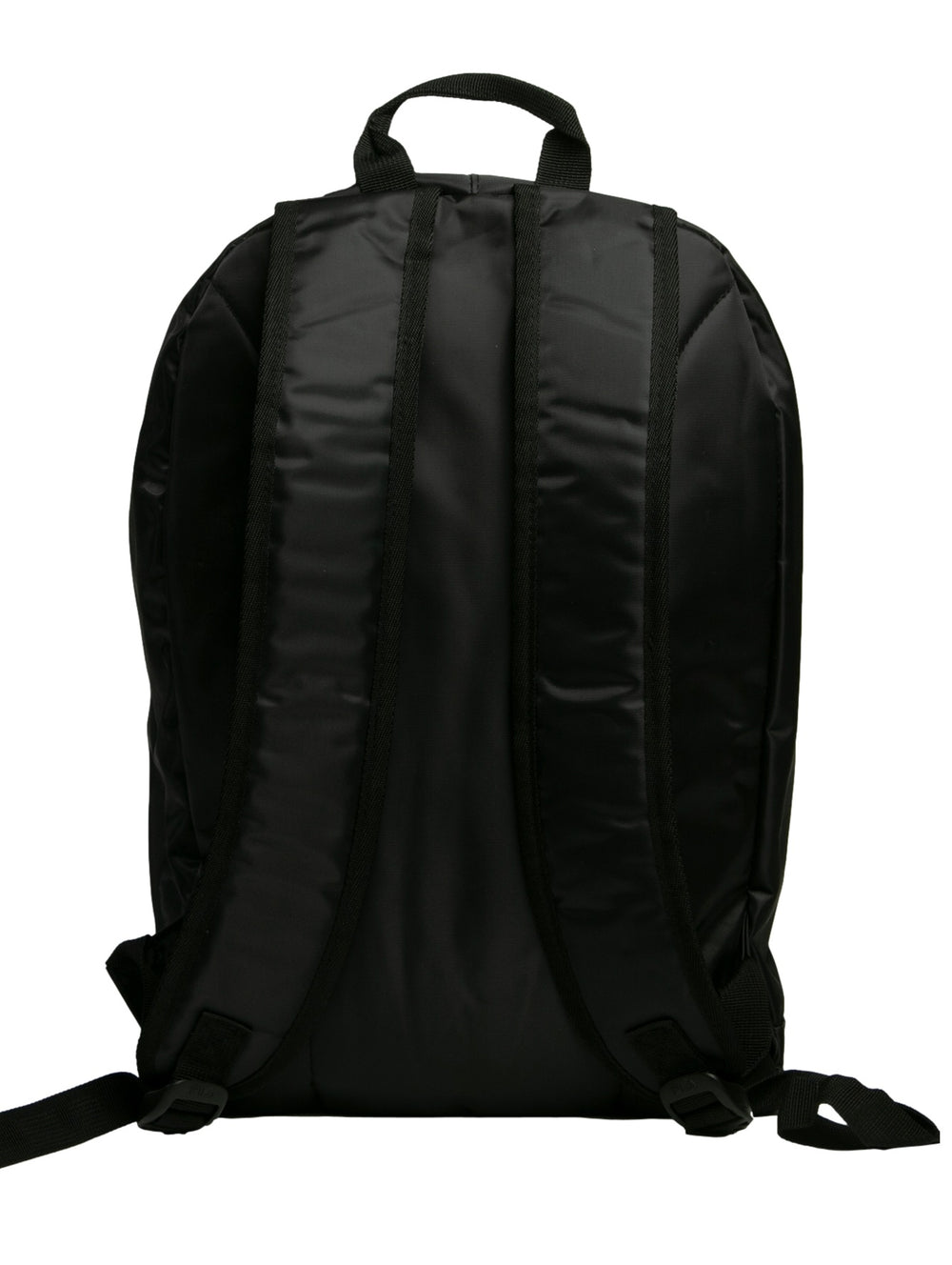 Mochila escolar FILA de color negro con logotipo blanco y rojo en el frente.