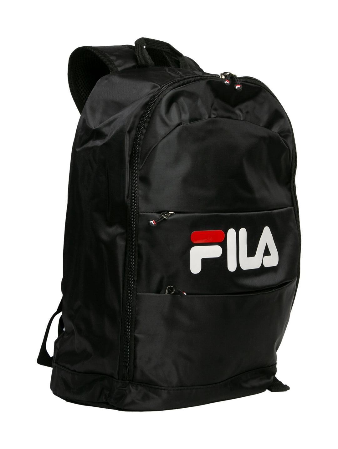 Mochila escolar FILA de color negro con logotipo blanco y rojo en el frente.