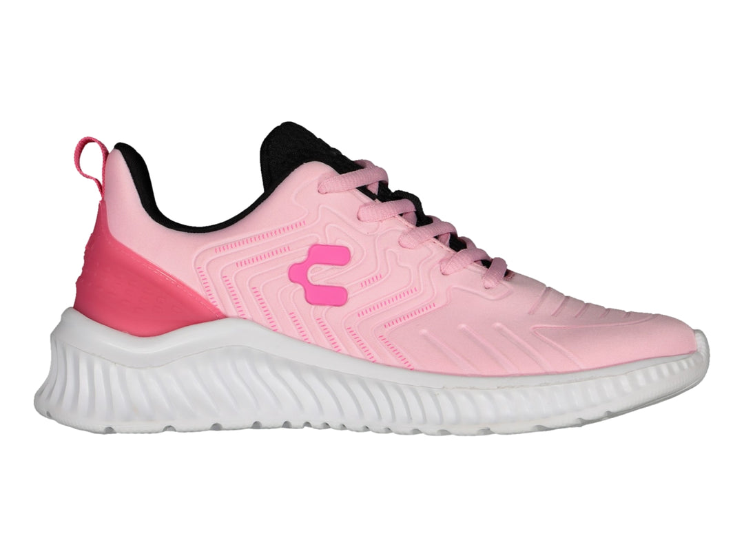 Tenis deportivos Charly en color rosa con suela blanca y detalles en negro.