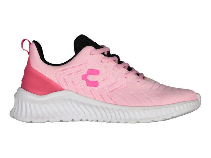 Tenis deportivos Charly en color rosa con suela blanca y detalles en negro.