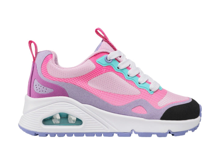 Tenis deportivos Skechers One Lite en colores rosa y morado con suela blanca y detalles en turquesa.