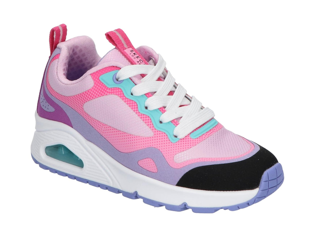 Tenis deportivos Skechers One Lite en colores rosa y morado con suela blanca y detalles en turquesa.