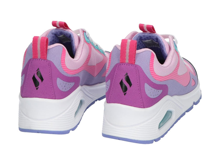 Tenis deportivos Skechers One Lite en colores rosa y morado con suela blanca y detalles en turquesa.