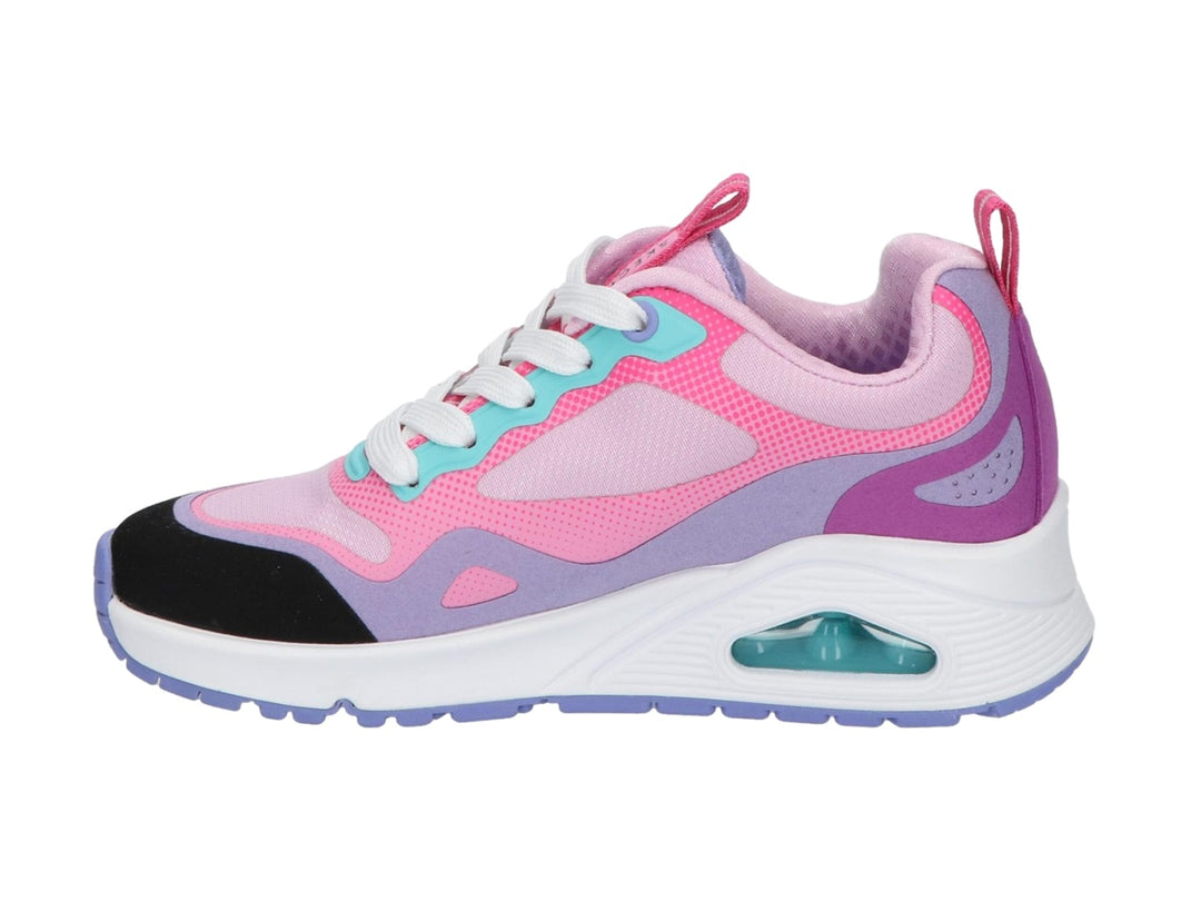 Tenis deportivos Skechers One Lite en colores rosa y morado con suela blanca y detalles en turquesa.