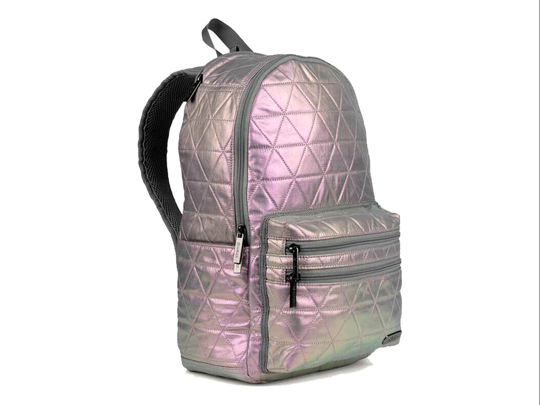 Mochila escolar XTREM de color metálico iridiscente con diseño acolchado geométrico y cierre frontal.