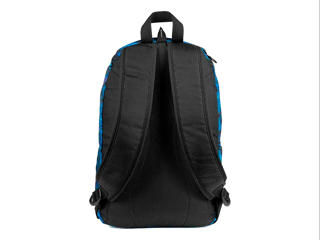 Mochila XTREM color azul y negro con estampado de hojas tropicales y un bolsillo frontal con cierre.