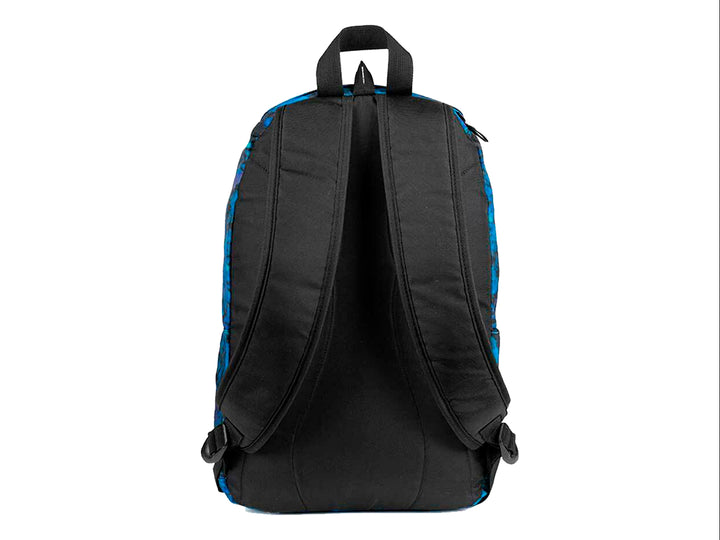 Mochila XTREM color azul y negro con estampado de hojas tropicales y un bolsillo frontal con cierre.