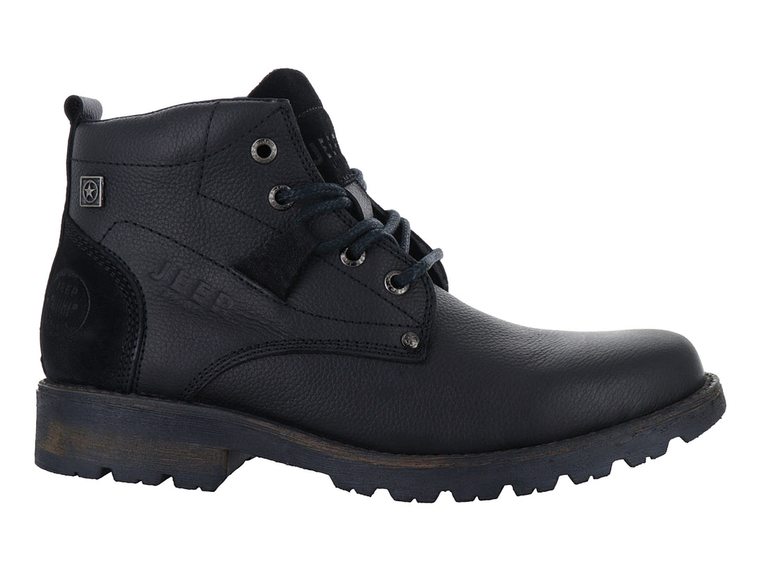Bota casual JEEP de cuero graneado color negro con agujetas y suela robusta.