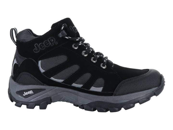 Botín deportivo Jeep color negro con detalles en gris y suela robusta para senderismo.