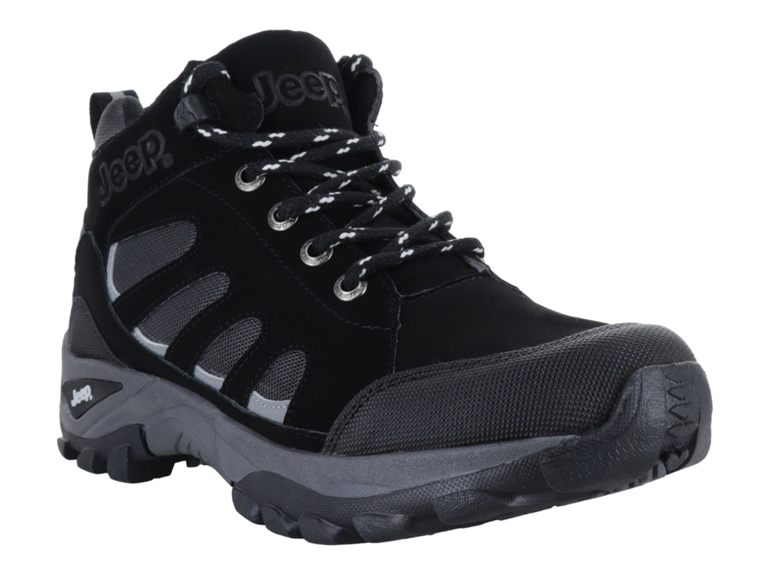 Botín deportivo Jeep color negro con detalles en gris y suela robusta para senderismo.