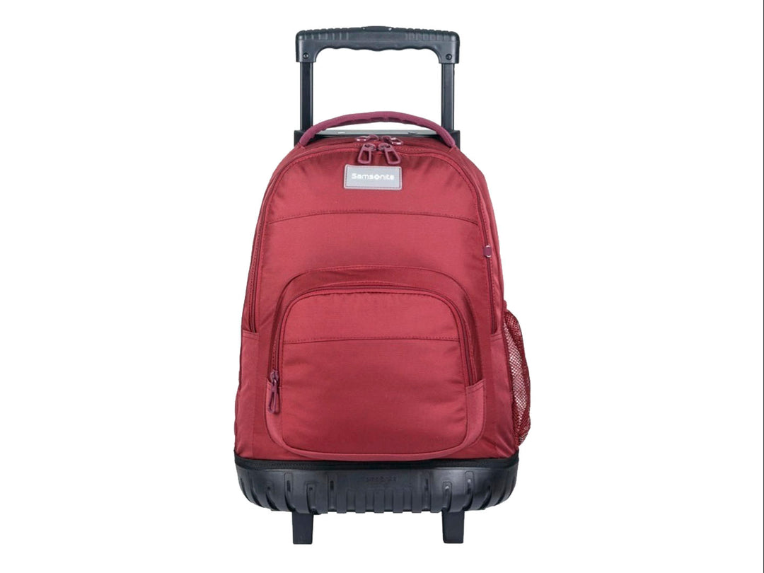 Mochila escolar Samsonite color burgundy con ruedas y asa extensible negra.