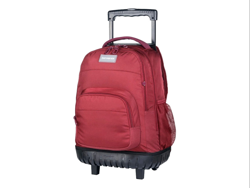 Mochila escolar Samsonite color burgundy con ruedas y asa extensible negra.