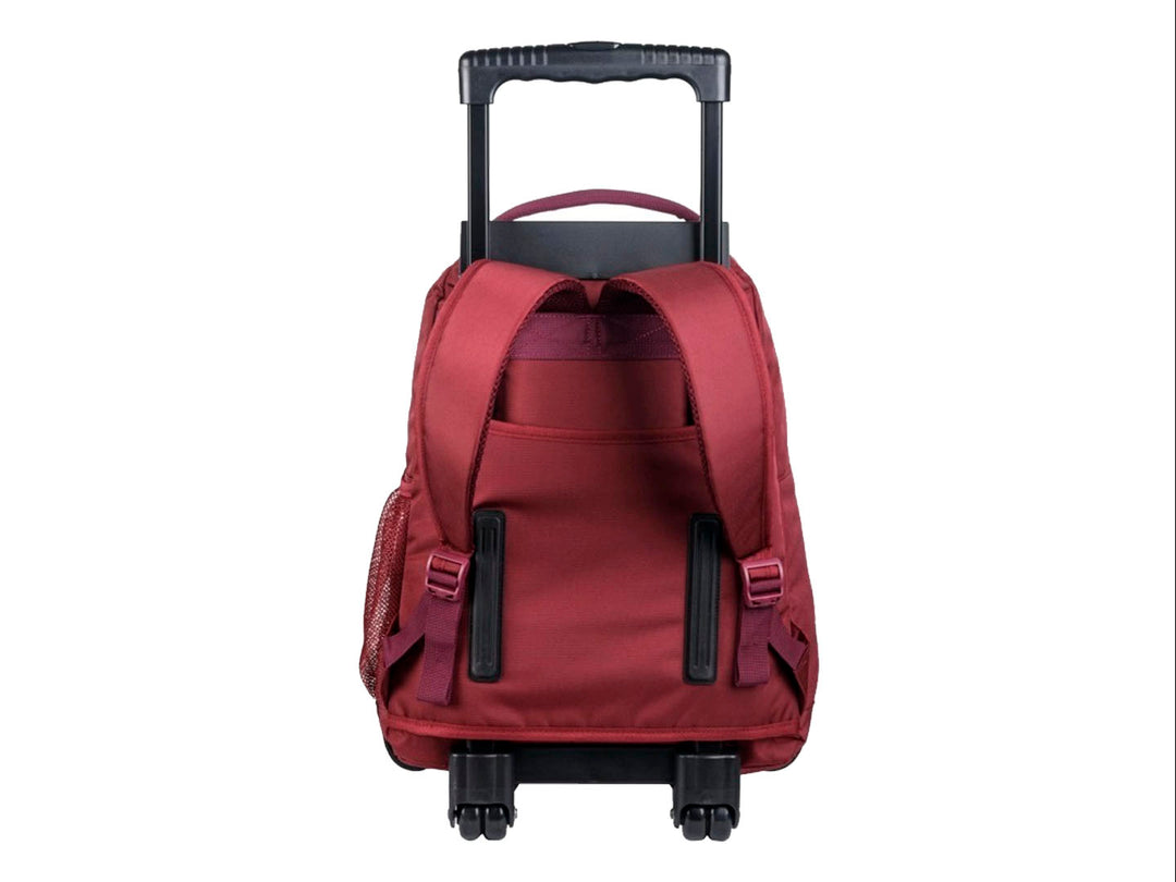 Mochila escolar Samsonite color burgundy con ruedas y asa extensible negra.