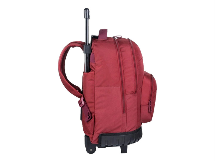Mochila escolar Samsonite color burgundy con ruedas y asa extensible negra.