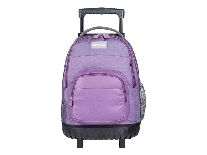 Mochila escolar Samsonite color lila con ruedas y asa extensible negra.
