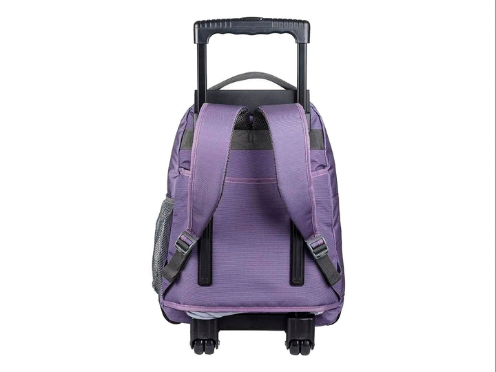 Mochila escolar Samsonite color lila con ruedas y asa extensible negra.