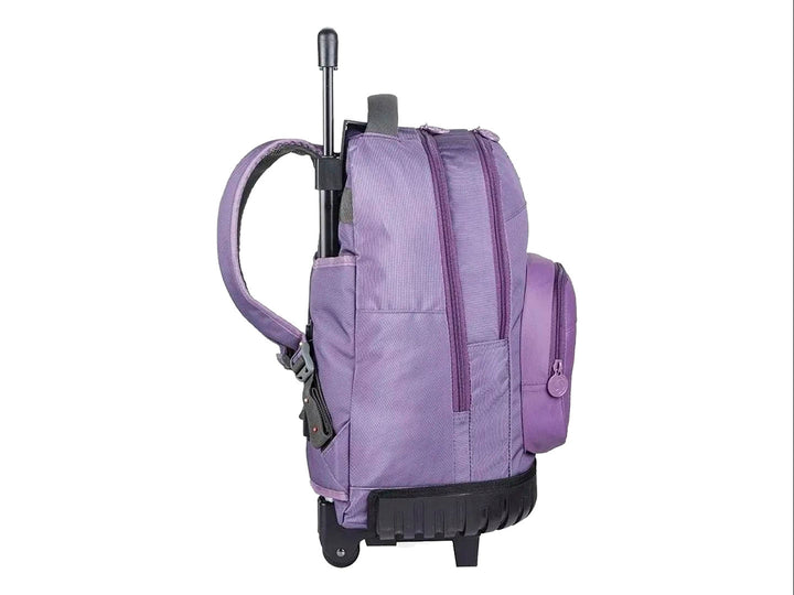 Mochila escolar Samsonite color lila con ruedas y asa extensible negra.