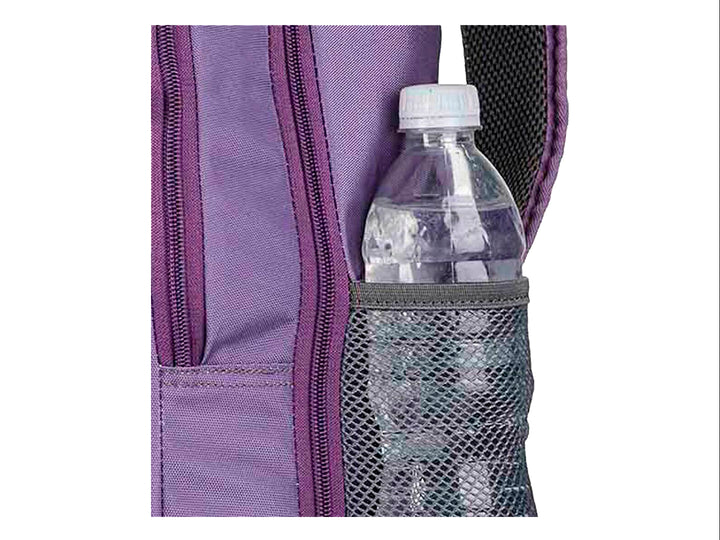 Mochila escolar Samsonite color lila con ruedas y asa extensible negra.