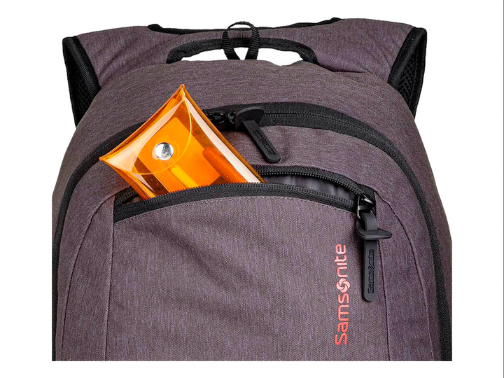 Mochila Samsonite Elevation Lyra en color gris con detalles en negro y textura lineal.