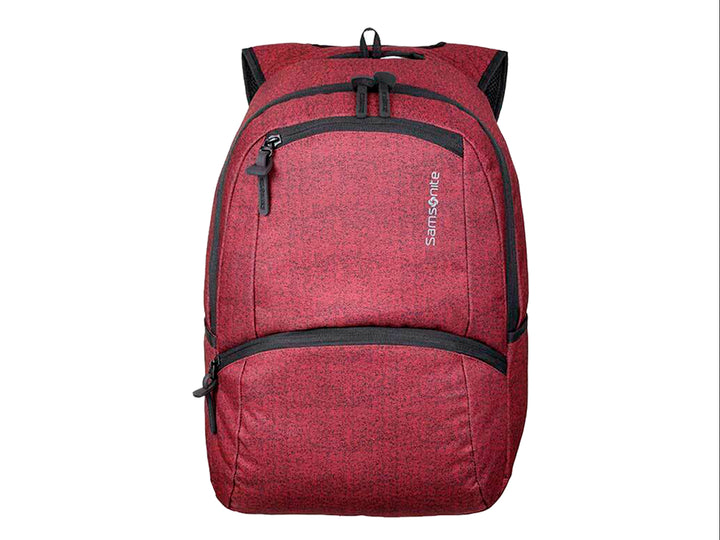 Mochila Samsonite color rojo bone con detalles en negro y múltiples compartimentos.