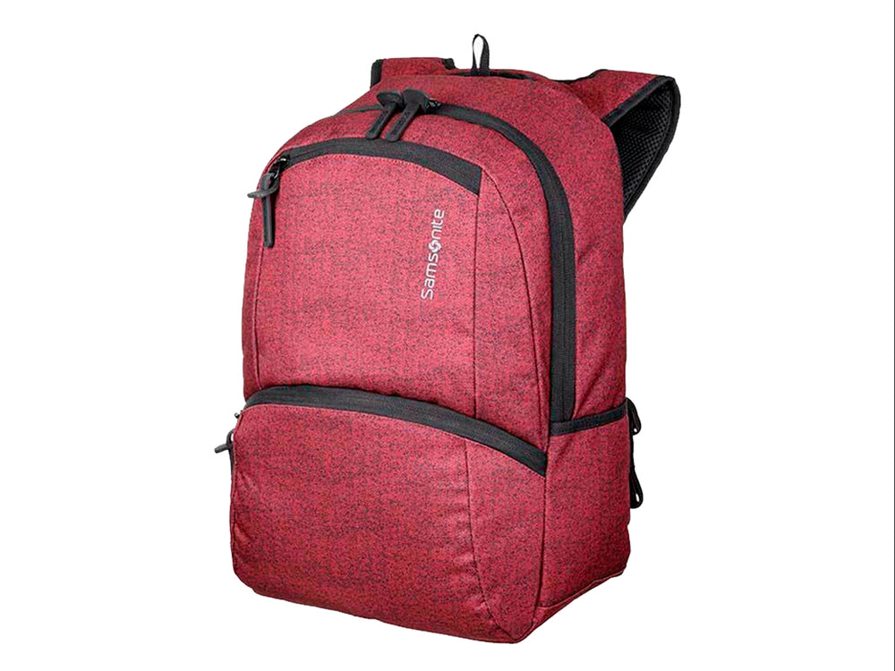 Mochila Samsonite color rojo bone con detalles en negro y múltiples compartimentos.
