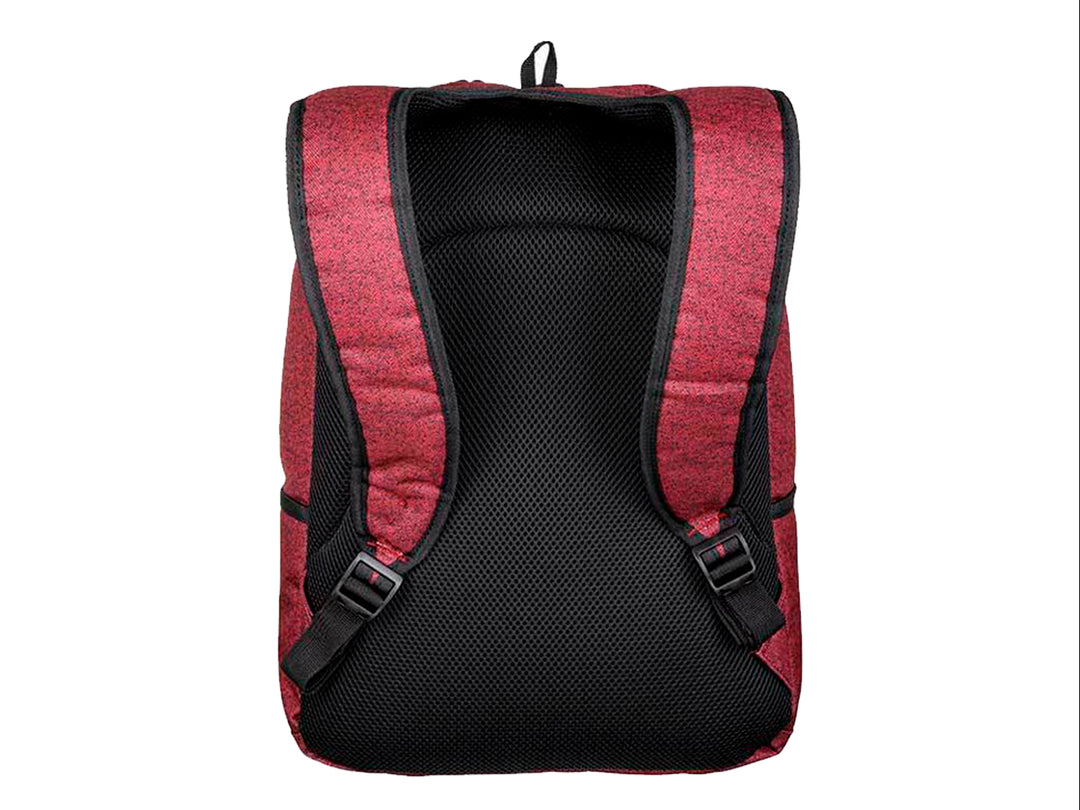 Mochila Samsonite color rojo bone con detalles en negro y múltiples compartimentos.