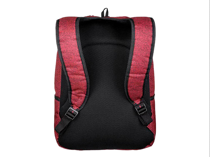 Mochila Samsonite color rojo bone con detalles en negro y múltiples compartimentos.