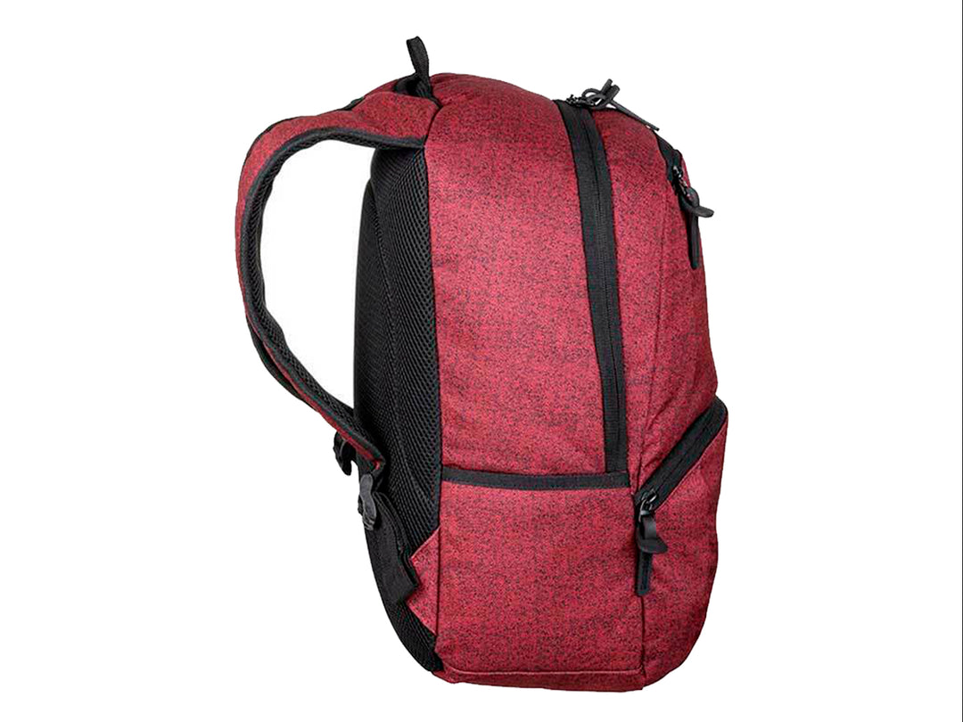 Mochila Samsonite color rojo bone con detalles en negro y múltiples compartimentos.