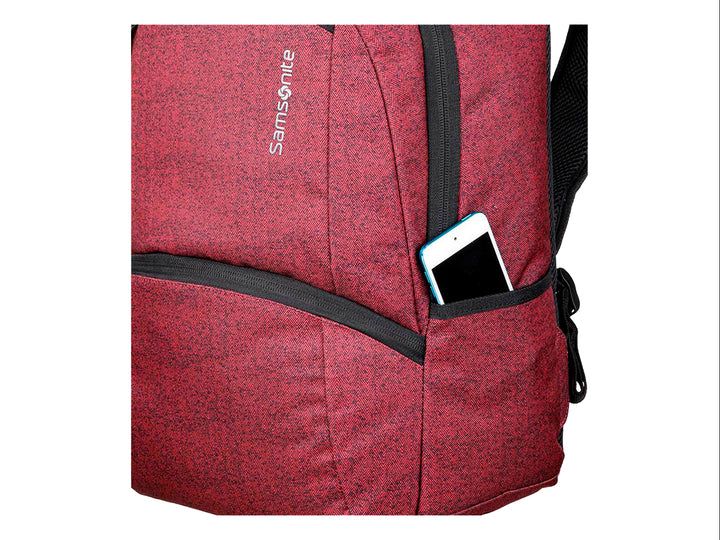 Mochila Samsonite color rojo bone con detalles en negro y múltiples compartimentos.