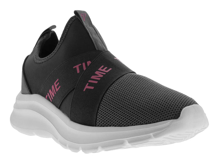 Tenis deportivos Sport Time en color gris con detalles fucsia y suela blanca, diseño sin cordones.