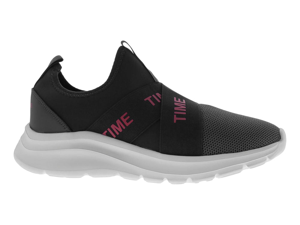 Tenis deportivos Sport Time en color gris con detalles fucsia y suela blanca, diseño sin cordones.
