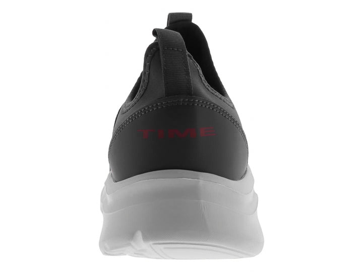 Tenis deportivos Sport Time en color gris con detalles fucsia y suela blanca, diseño sin cordones.