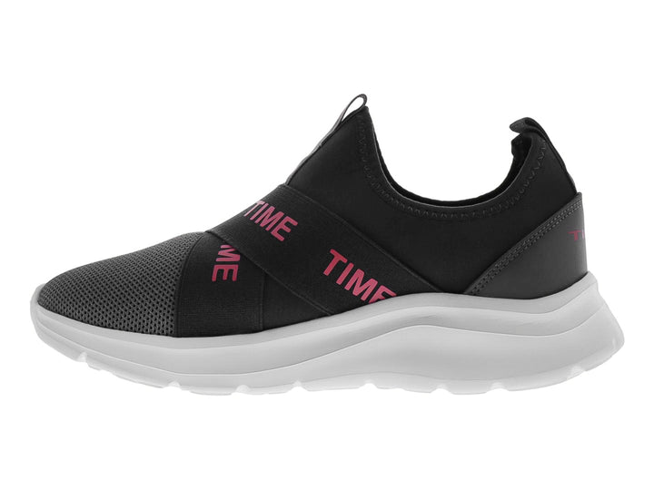 Tenis deportivos Sport Time en color gris con detalles fucsia y suela blanca, diseño sin cordones.