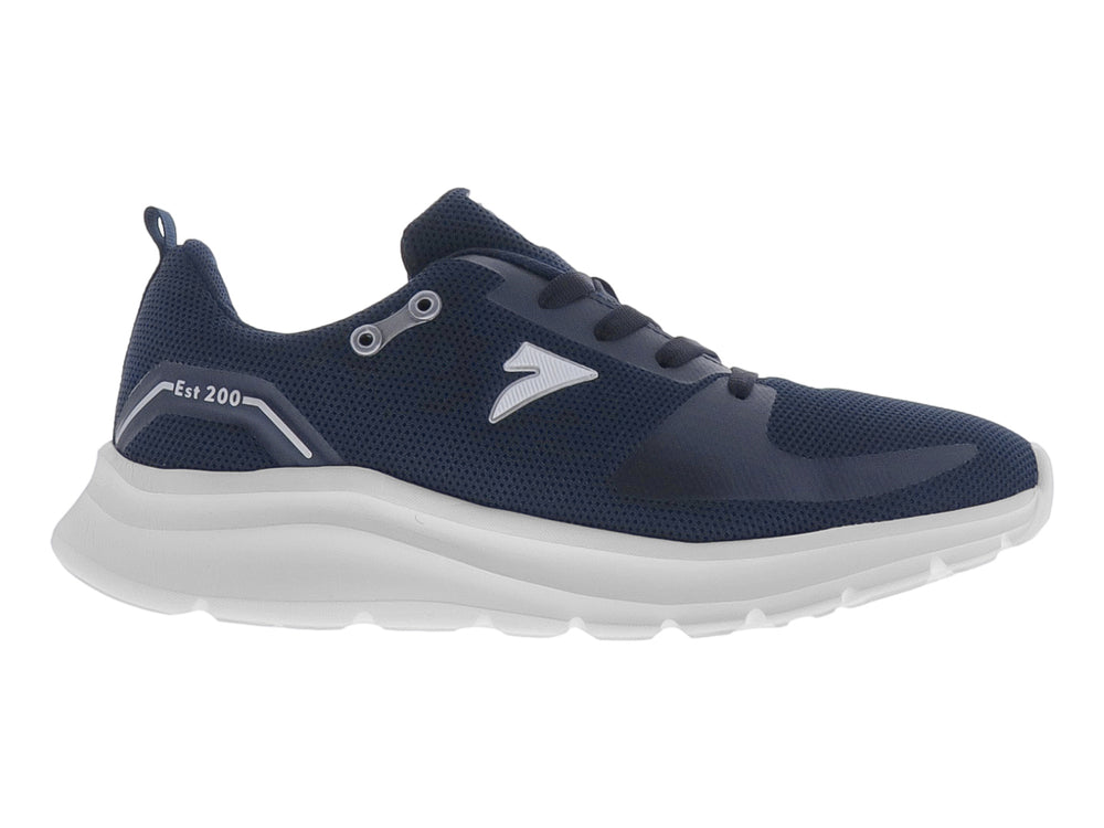 Tenis de baloncesto color azul marino con suela blanca y tejido de malla.