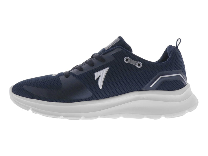 Tenis de baloncesto color azul marino con suela blanca y tejido de malla.