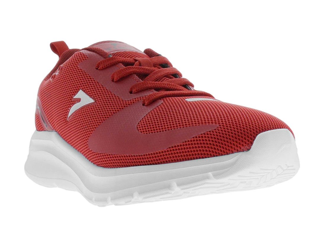 Tenis deportivos de baloncesto color rojo con suela blanca.