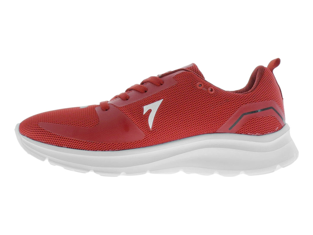 Tenis deportivos de baloncesto color rojo con suela blanca.