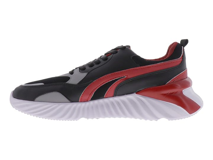 Tenis de baloncesto Sport Time color negro con detalles en rojo y gris y suela blanca.