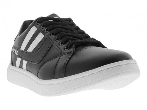Tenis deportivos Sport Time color negro con franjas laterales blancas y suela blanca.