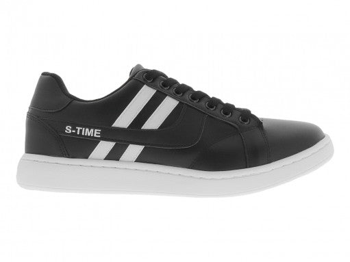 Tenis deportivos Sport Time color negro con franjas laterales blancas y suela blanca.