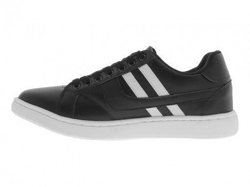 Tenis deportivos Sport Time color negro con franjas laterales blancas y suela blanca.