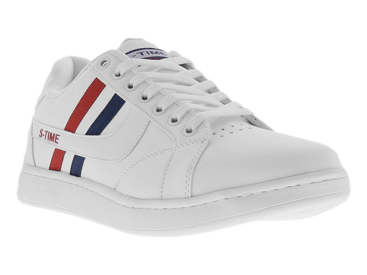 Tenis deportivos blancos con franjas laterales en color rojo y marino, cordones blancos y suela blanca.