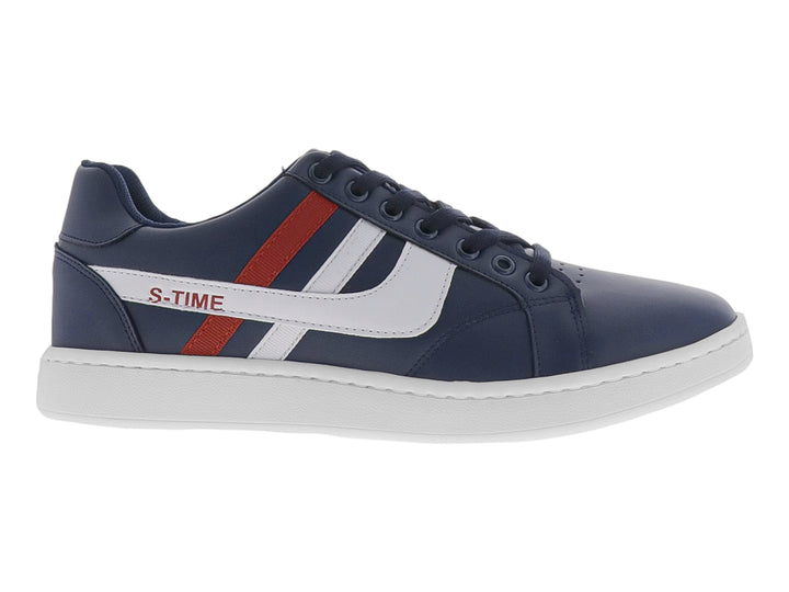 Tenis deportivos color marino con franjas blancas y rojas en el lateral y suela blanca.