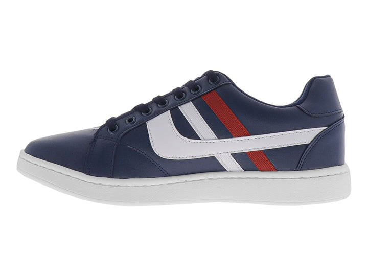 Tenis deportivos color marino con franjas blancas y rojas en el lateral y suela blanca.