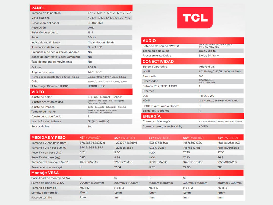 Televisor TCL de 50 pulgadas color negro con pantalla 4K UHD y soportes plateados.