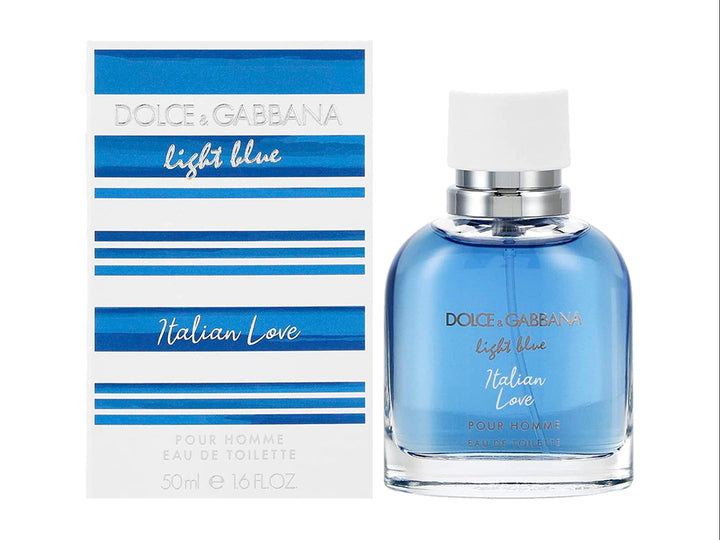 Perfume Dolce &amp; Gabbana Light Blue Italian Love para hombre con su caja en tonos azul y blanco.