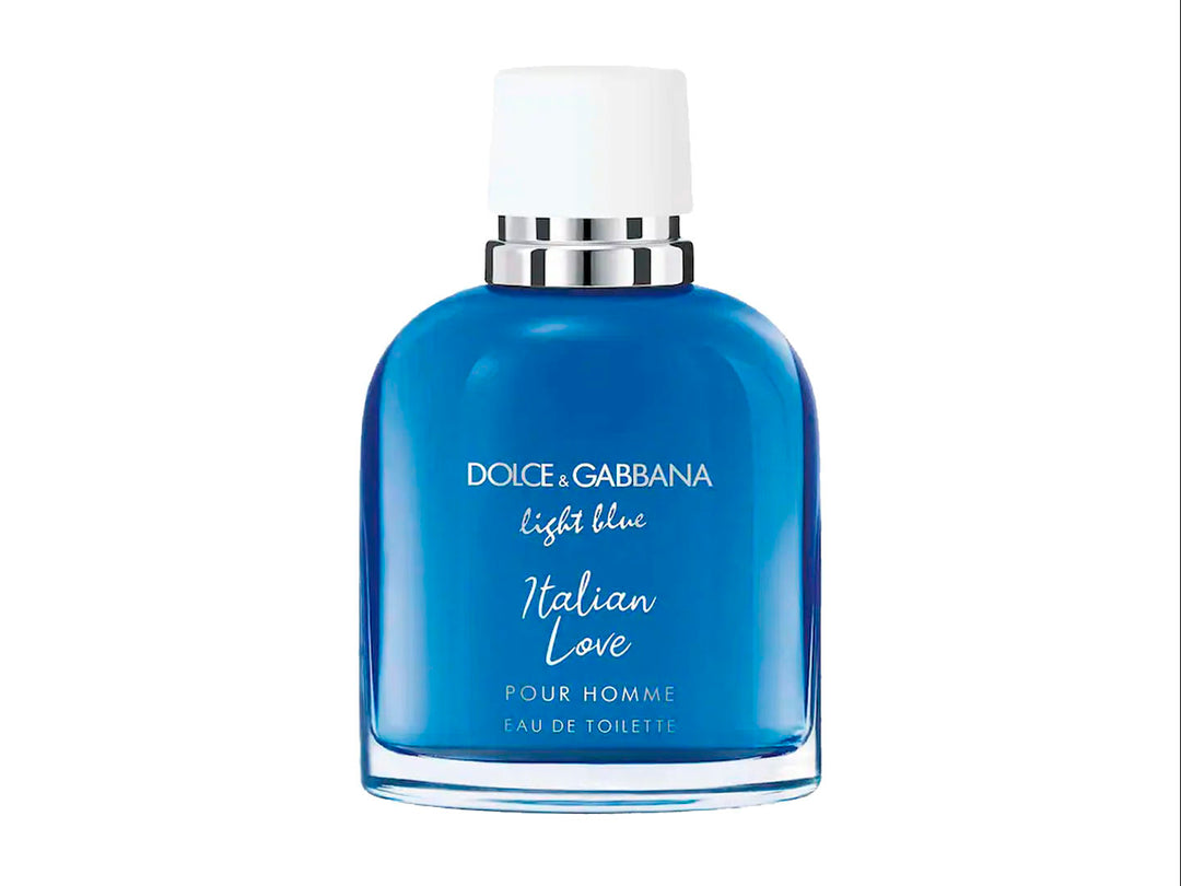 Perfume Dolce &amp; Gabbana Light Blue Italian Love para hombre con su caja en tonos azul y blanco.